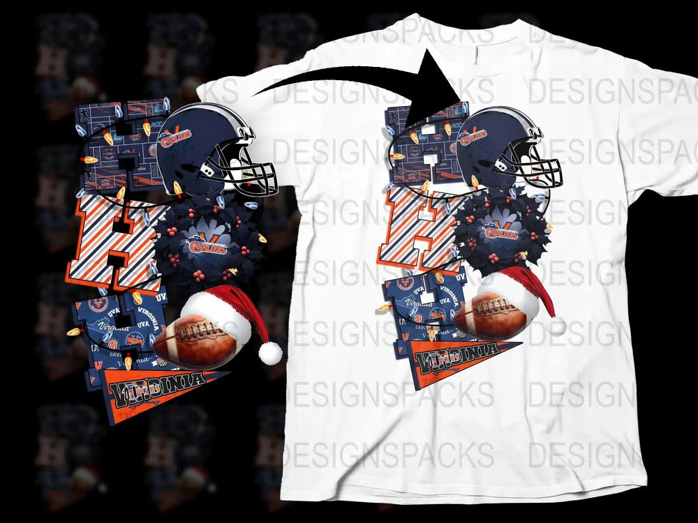 Sports Team Themed T-Shirt, Football Helmet Pattern, Santa Hat Design, Holiday Apparel for Fans