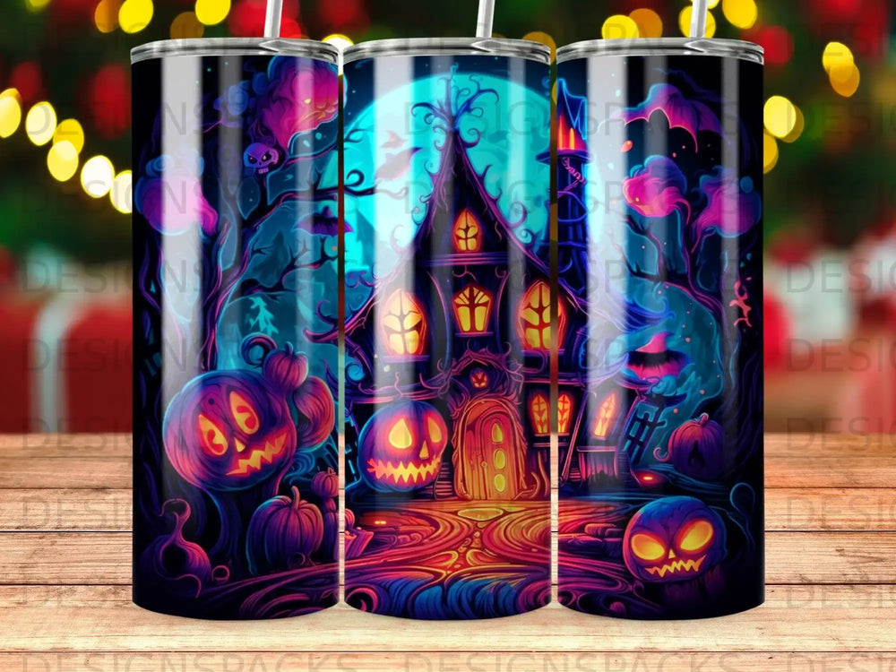 Halloween scene with haunted house, pumpkins, and spooky trees.