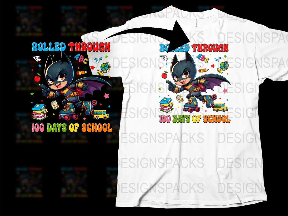 Cute Batman on roller skates celebrating 100 days of school with books, globe, and school bus design