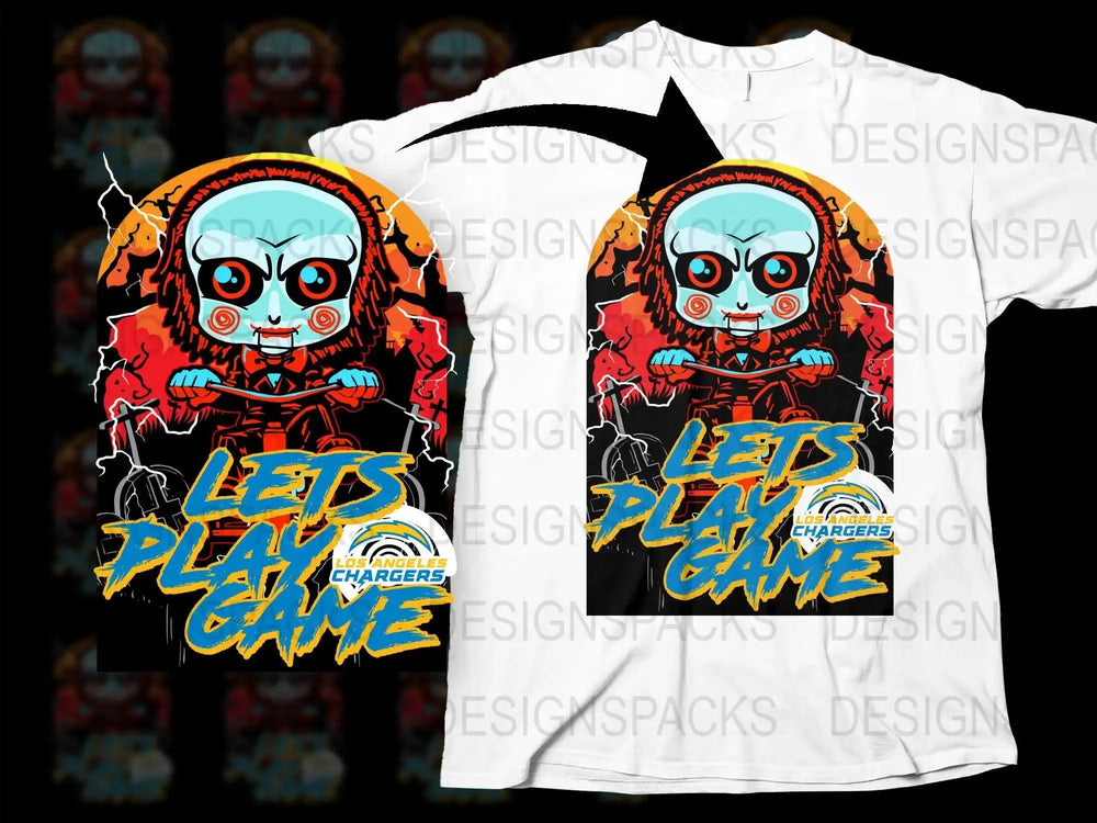 Print-ready horror t-shirt design with 'Let's Play Game' text and Los Angeles Chargers logo, ideal for DTF/DTG printing
