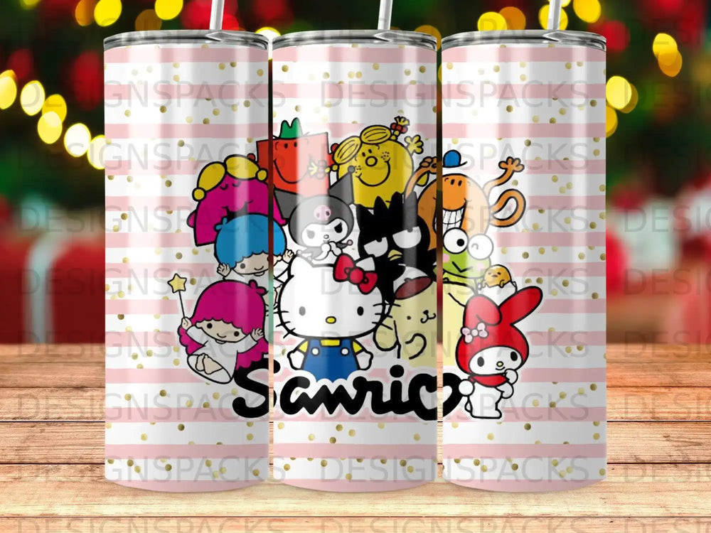 Cartoon characters, including Hello Kitty and Mr. Men, on a pink striped tumbler.