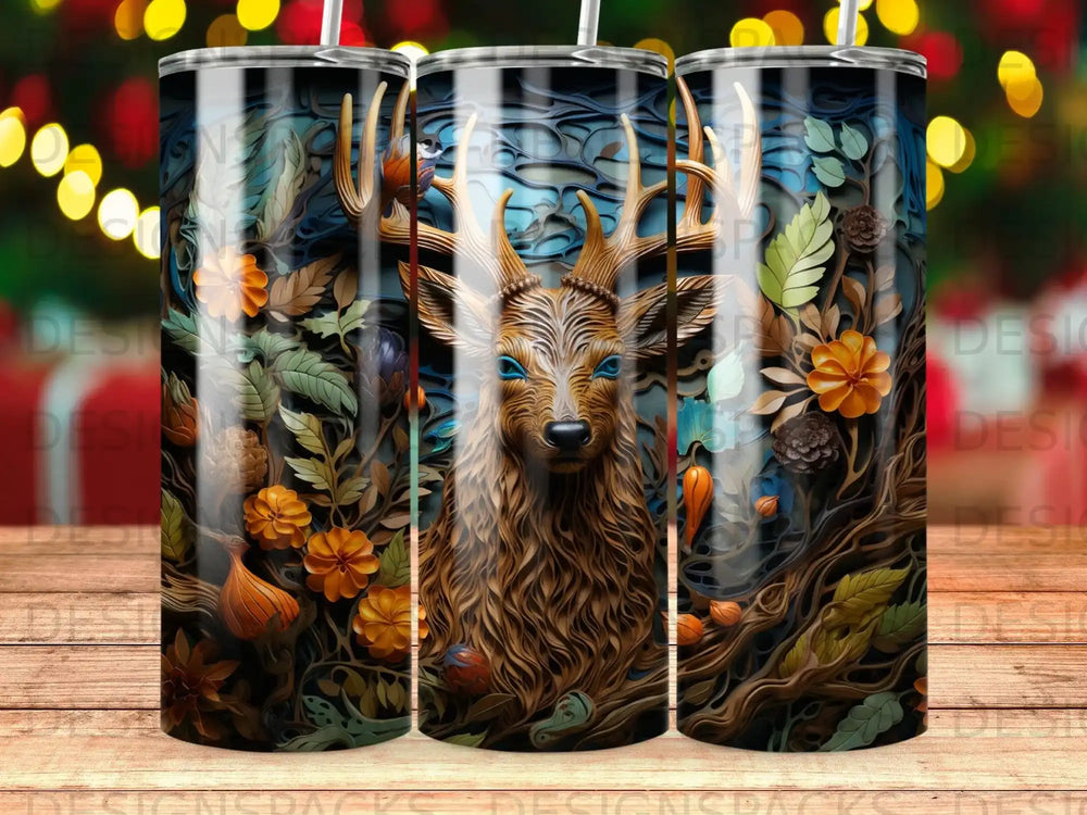 Detailed illustration of a deer with blue eyes surrounded by forest foliage and flowers.