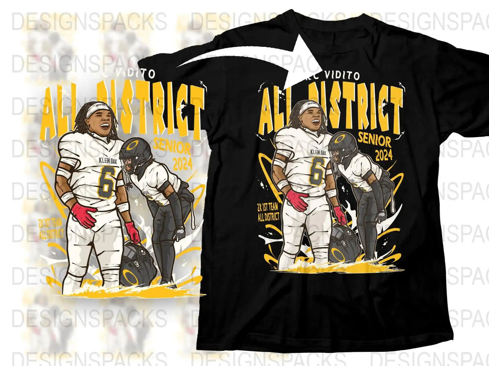 All District Senior 2024 football design on black t-shirt, featuring player in white uniform with number 6