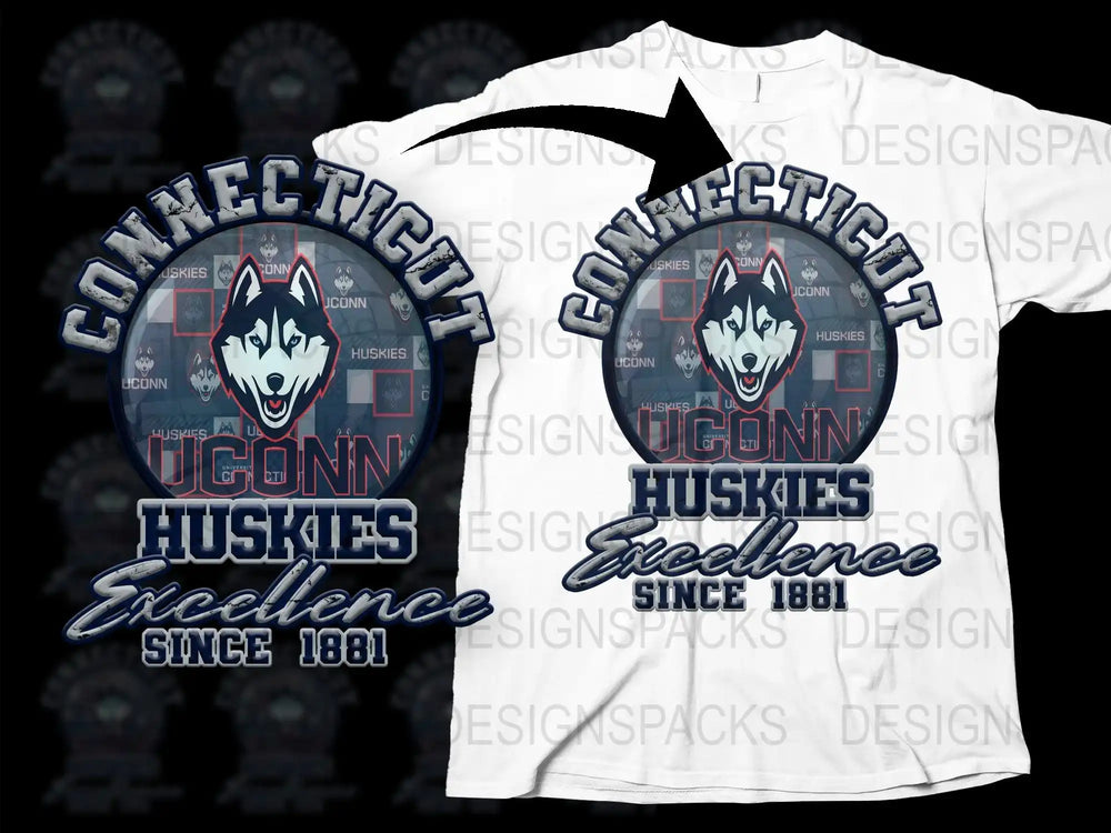UConn Huskies Excellence Since 1881 t-shirt design with bold husky graphic and team branding