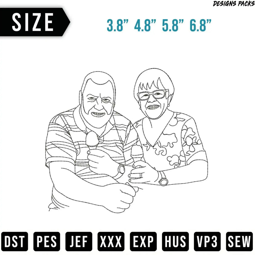Line art of a smiling elderly couple holding ice cream cones with size options.
