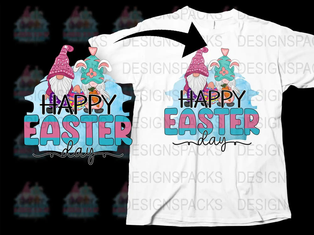 Happy Easter Day gnome design on white t-shirt, perfect for DTF/DTG printing