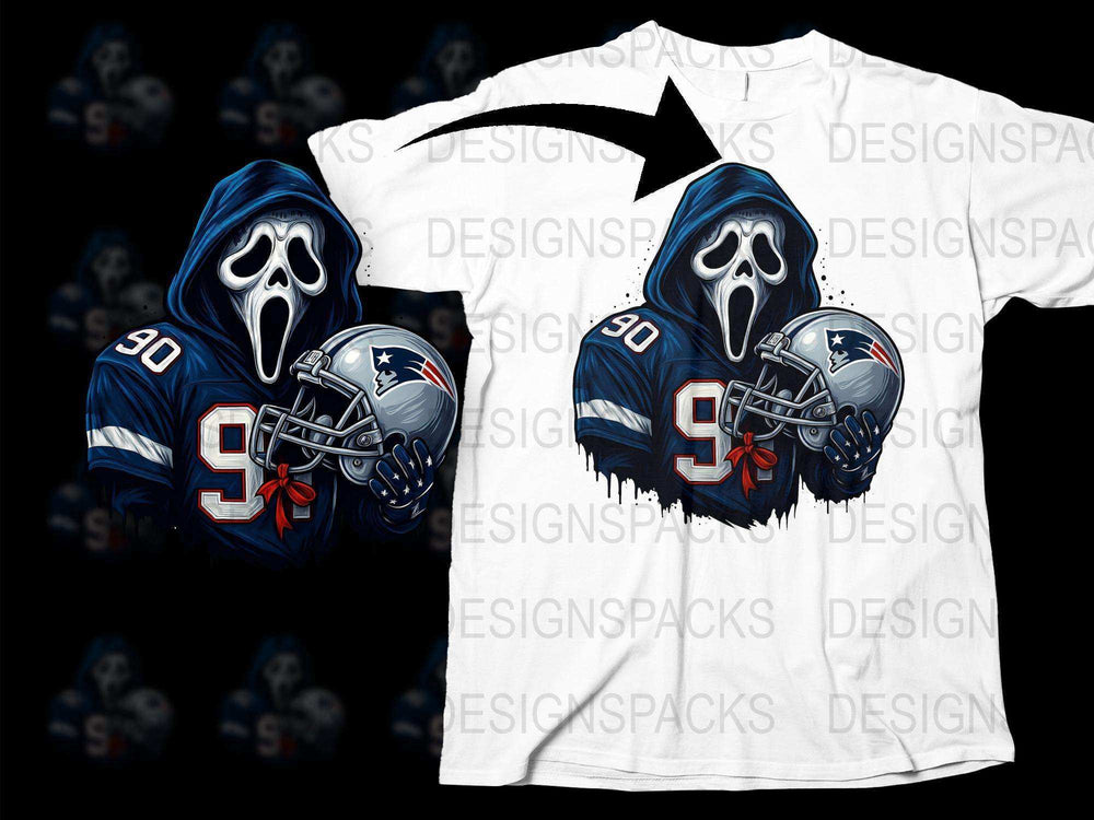 Men's Graphic Football T-Shirt, Spooky Sports Fan Gear, Halloween Patriots Inspired Design, Casual Wear, Sizes S-XXL
