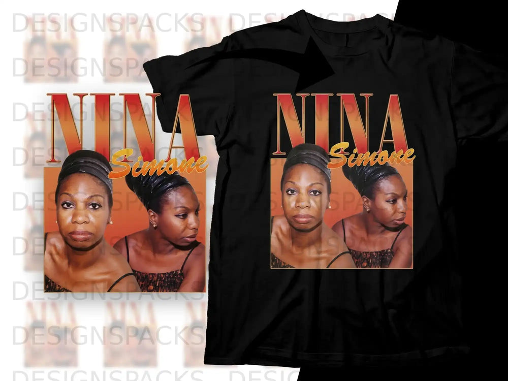 Nina Simone portrait t-shirt with "NINA SIMONE" text.