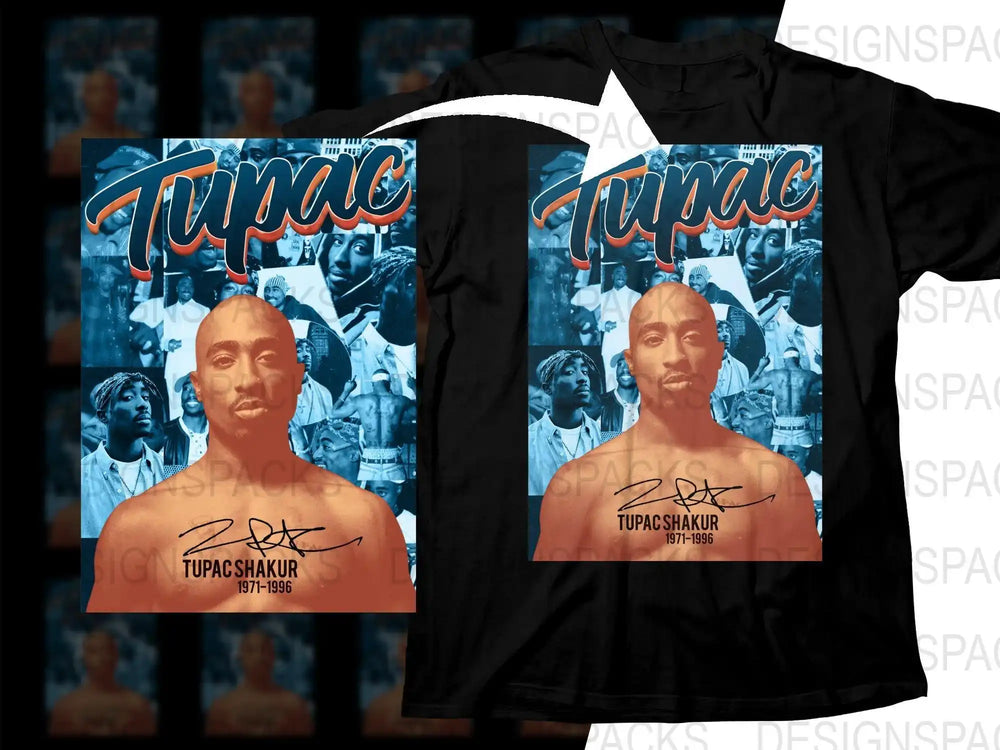 Tupac Shakur tribute t-shirt design with collage art and signature, 1971-1996