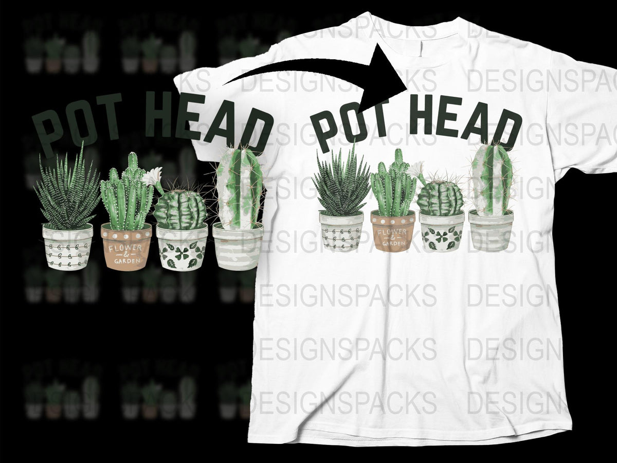 Pot Head Funny Cactus T-Shirt, Gardening Enthusiast Gift, White Cotton Tee with Succulent Pots Design