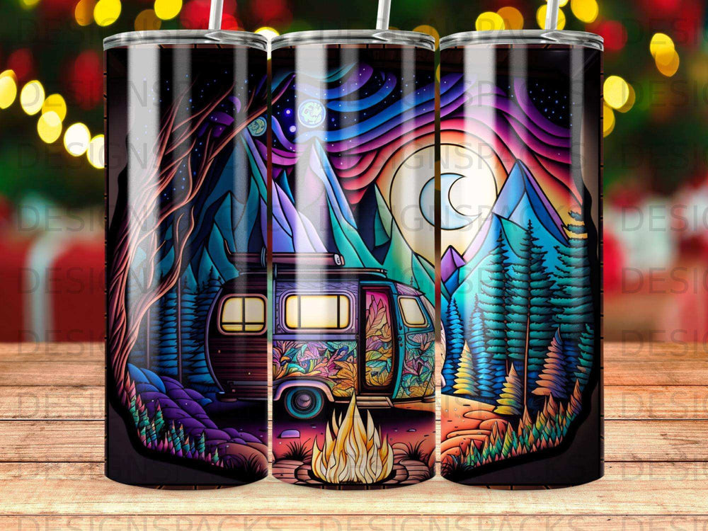 Camper trailer and campfire under moonlit mountains and colorful forest.