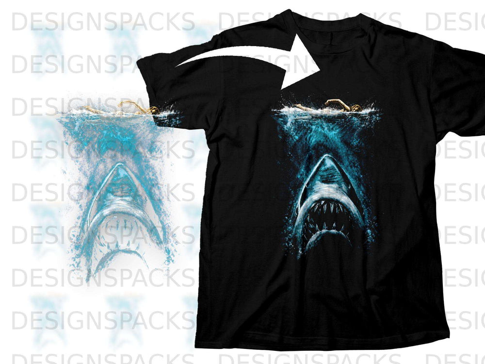 Black t-shirt with a graphic of a swimmer above a shark's open mouth.
