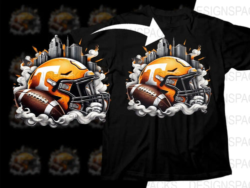 Football helmet and ball design with city skyline, perfect for DTG/DTF printing on black t-shirts.