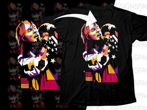 Vibrant Axl Rose geometric t-shirt design, print-ready for DTG/DTF, featuring colorful polygonal art and stars.