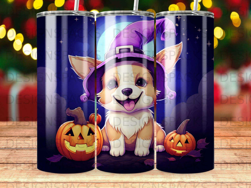 Corgi in witch hat with pumpkins and moon.