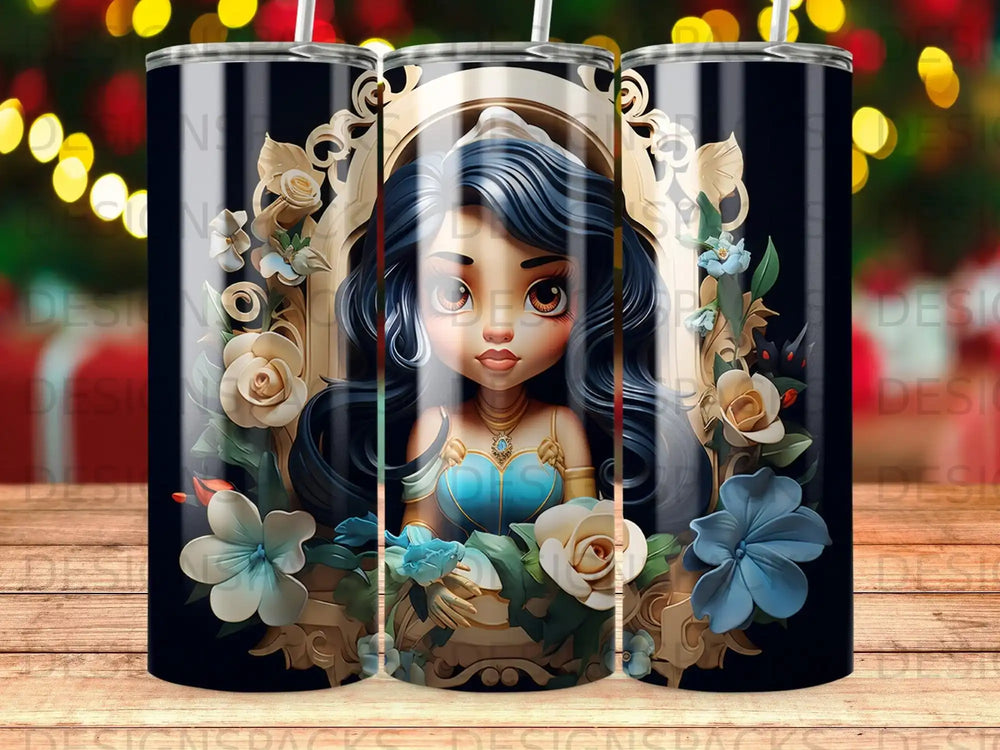 Anime girl with long dark hair in ornate frame with blue flowers and golden accents.