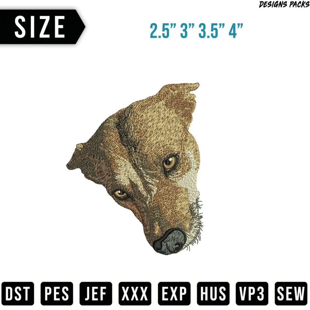 Embroidery design of a dog's head, with size options and file formats.
