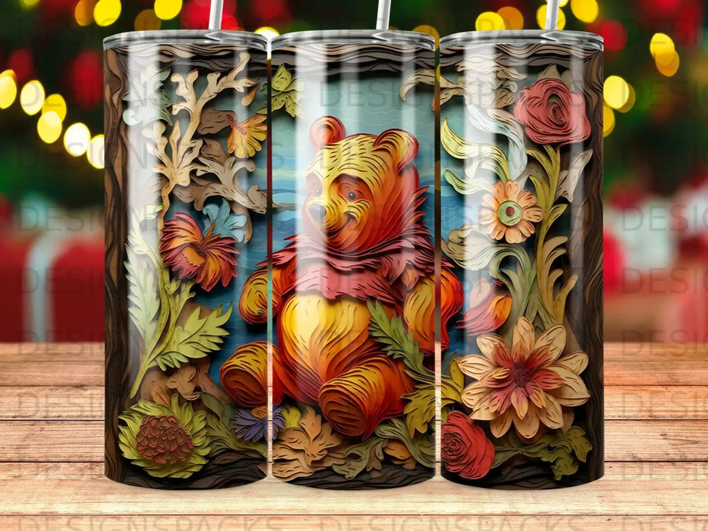 Winnie the Pooh character with floral and wood grain design on tumbler.