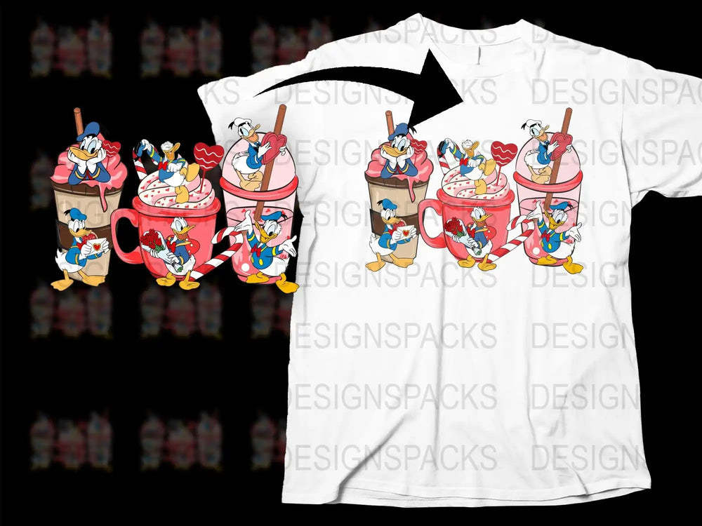 Donald Duck Valentine's Day t-shirt design with cute coffee cups and hearts
