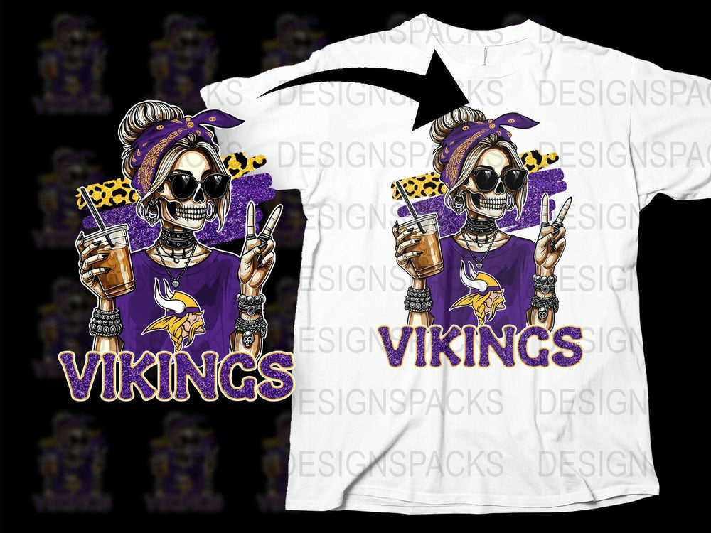 Vikings Skull T-Shirt, Leopard Print Bandana, Cool Skull with Drink, Football Fan Shirt, Purple and Yellow Tee