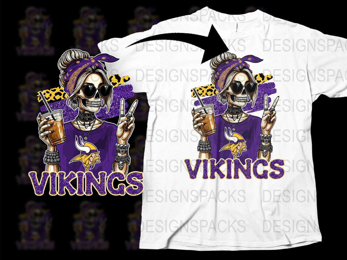 Vikings Skull T-Shirt, Leopard Print Bandana, Cool Skull with Drink, Football Fan Shirt, Purple and Yellow Tee