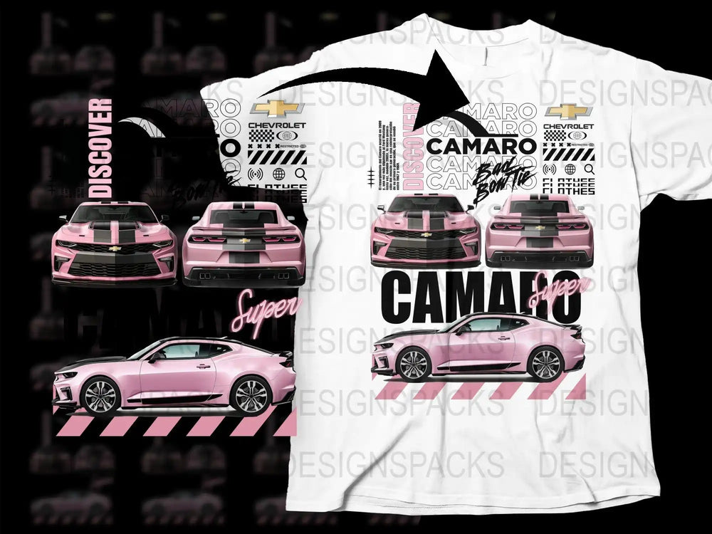Pink Chevrolet Camaro car design on white t-shirt, print-ready DTF/DTG bundle with front, rear, side views and logos