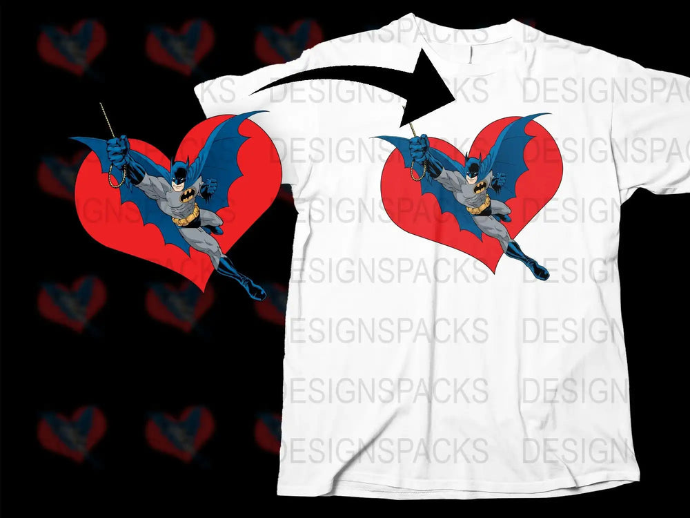 Batman in red heart design on white t-shirt, print-ready SVG/PNG for DTG/DTF