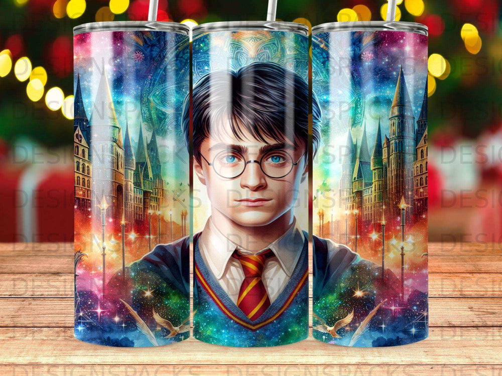 Harry Potter portrait with Hogwarts castle and starry sky background.