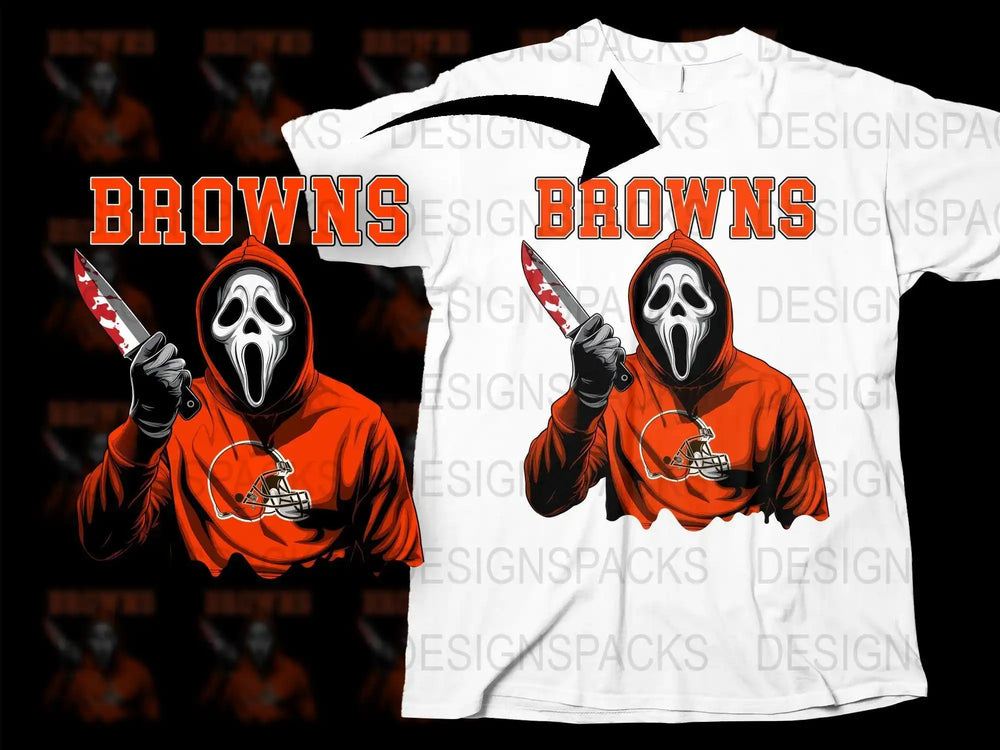 Browns Scream mask t-shirt design with knife, print-ready for DTF DTG, football fan apparel