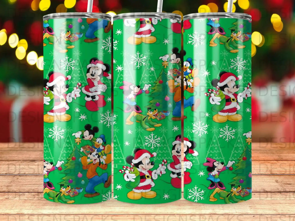 Green tumbler with Mickey and Minnie Mouse Christmas characters and snowflakes.