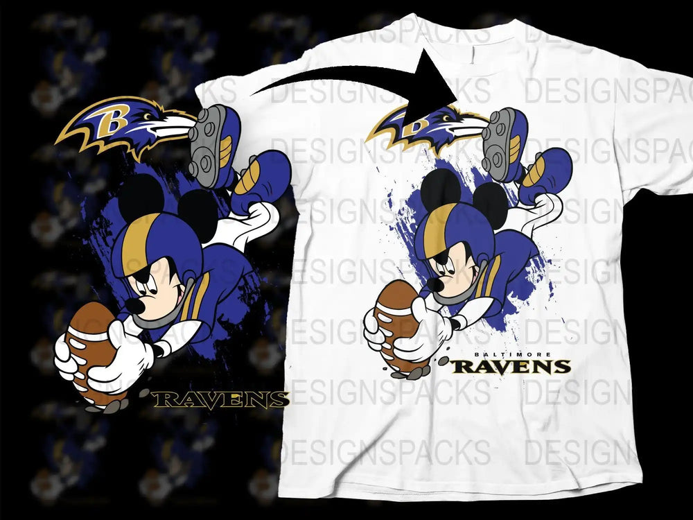 Mickey Mouse in Baltimore Ravens football gear holding a ball, print-ready design
