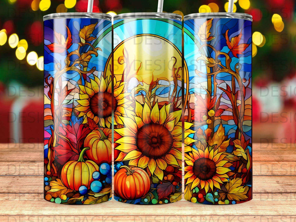 Autumnal stained glass pattern with sunflowers, pumpkins, and berries.