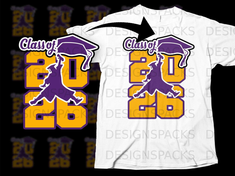 White t-shirt with purple and gold "Class of 2026" graphic.
