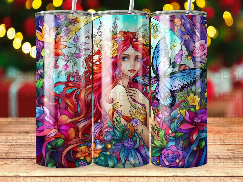 Woman with long red hair surrounded by colorful flowers and a butterfly.