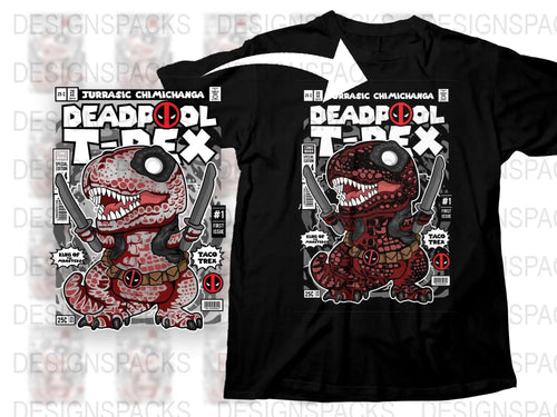 Deadpool T-Rex comic-style dinosaur t-shirt design with swords, perfect for DTF/DTG printing