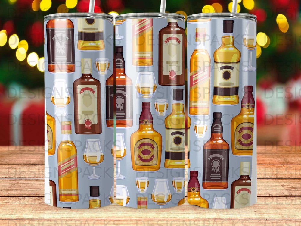 Collection of assorted liquor bottles and glasses on a light blue background.