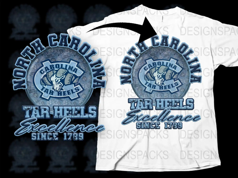 North Carolina Tar Heels Excellence Since 1789 t-shirt design with blue and white graphics