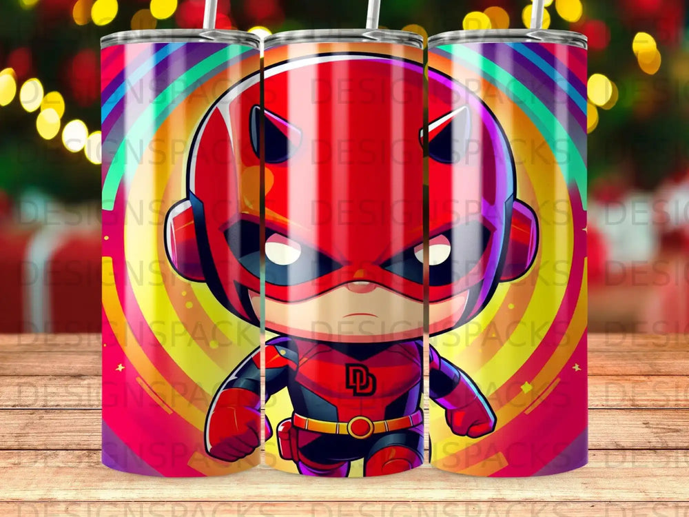 Chibi superhero with red mask and costume, against colorful rainbow background.