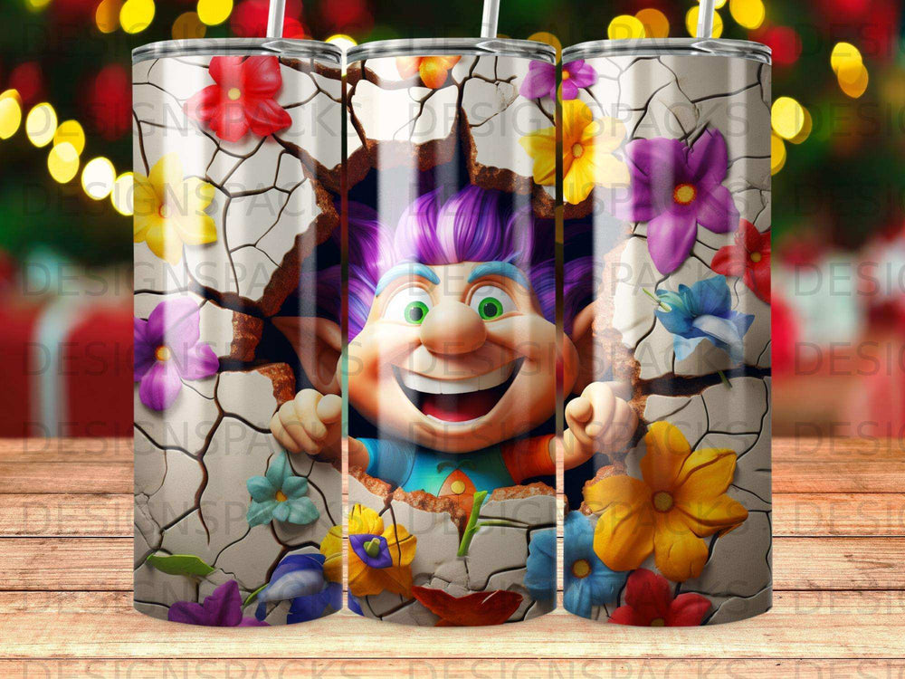Cartoon character with purple hair breaking through a cracked surface with flowers.