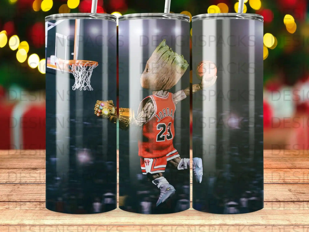 Groot in a basketball uniform with the Infinity Gauntlet dunks on a court.