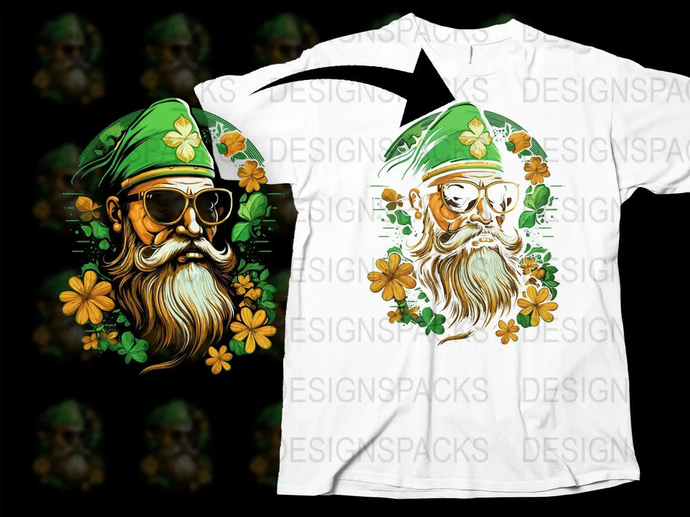 St. Patrick's Day leprechaun t-shirt design with shamrocks and flowers, print-ready for DTG/DTF
