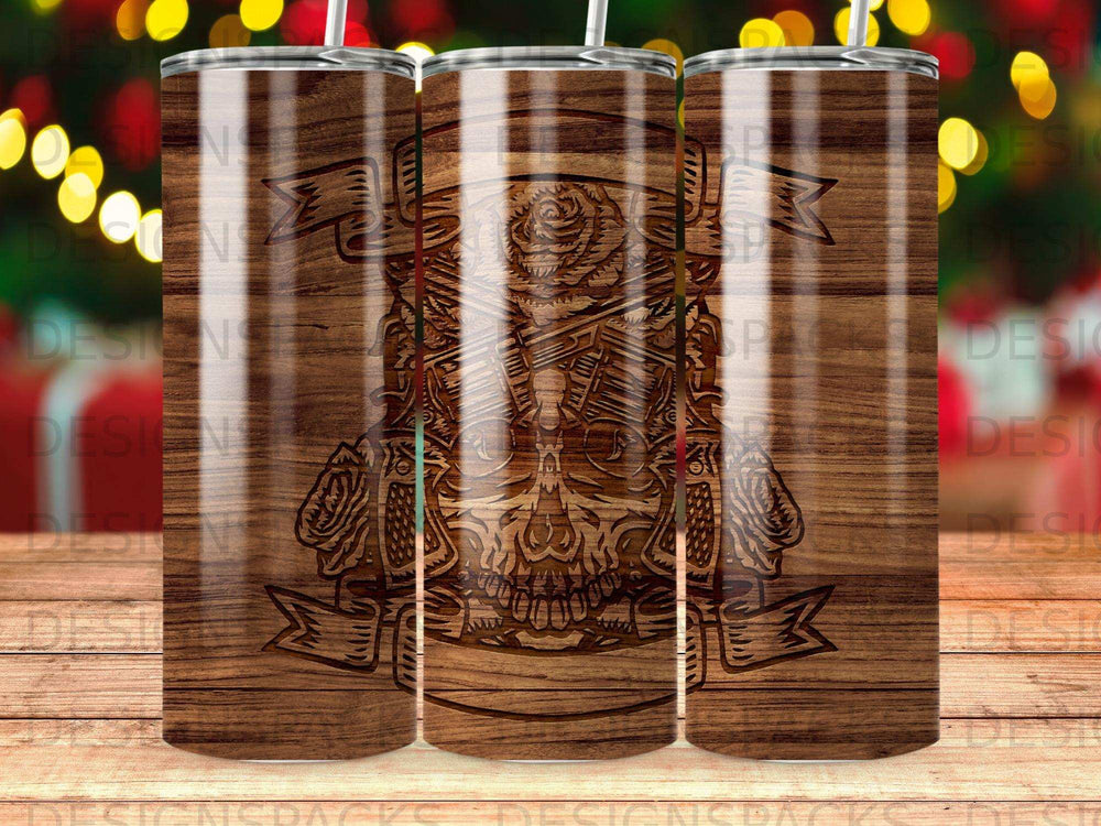 Wooden tumbler with skull and rose design on front.