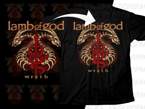 Lamb of God Wrath band t-shirt design with dual skeletal dragons and red logo, print-ready for DTG or DTF.