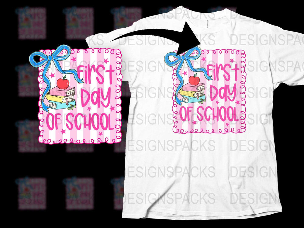 First Day of School T-Shirt, Cute Kids' Pink Tee with Book Graphics, Back to School Outfit