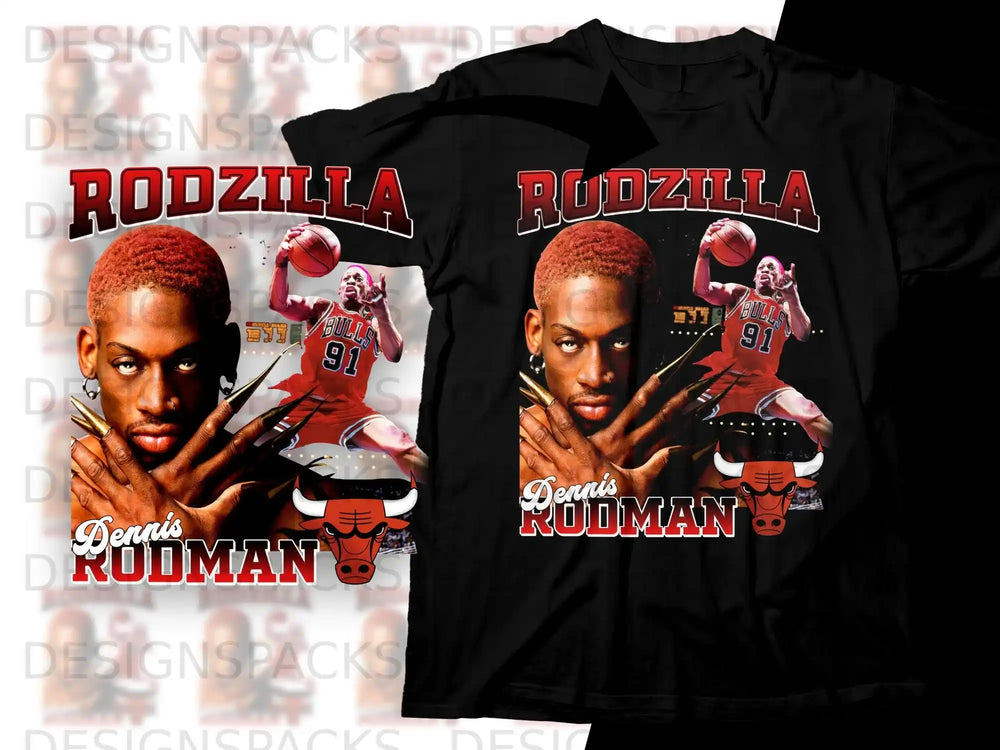 Dennis Rodman RODZILLA graphic tee with Bulls logo.