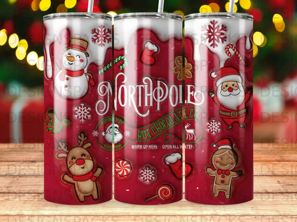 North Pole hot chocolate tumbler with Santa, snowman, reindeer, and gingerbread man.