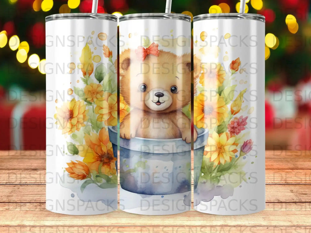 Cute teddy bear in a flower pot with yellow flowers, digital art.