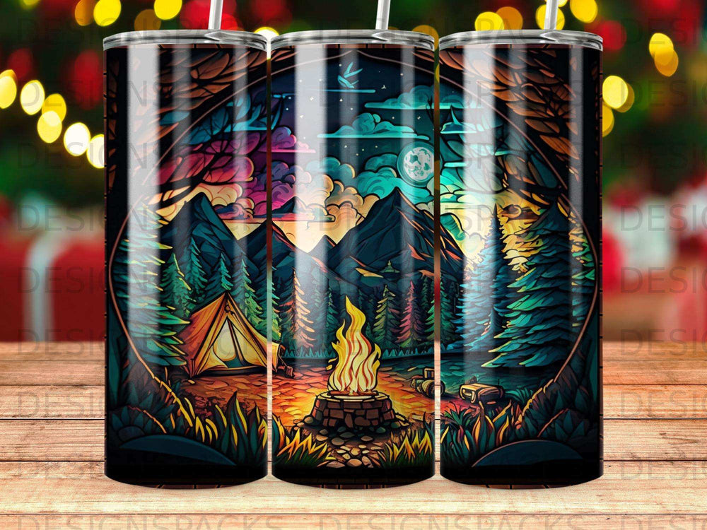 Illustration of a campsite with a tent and campfire in a mountain forest landscape.