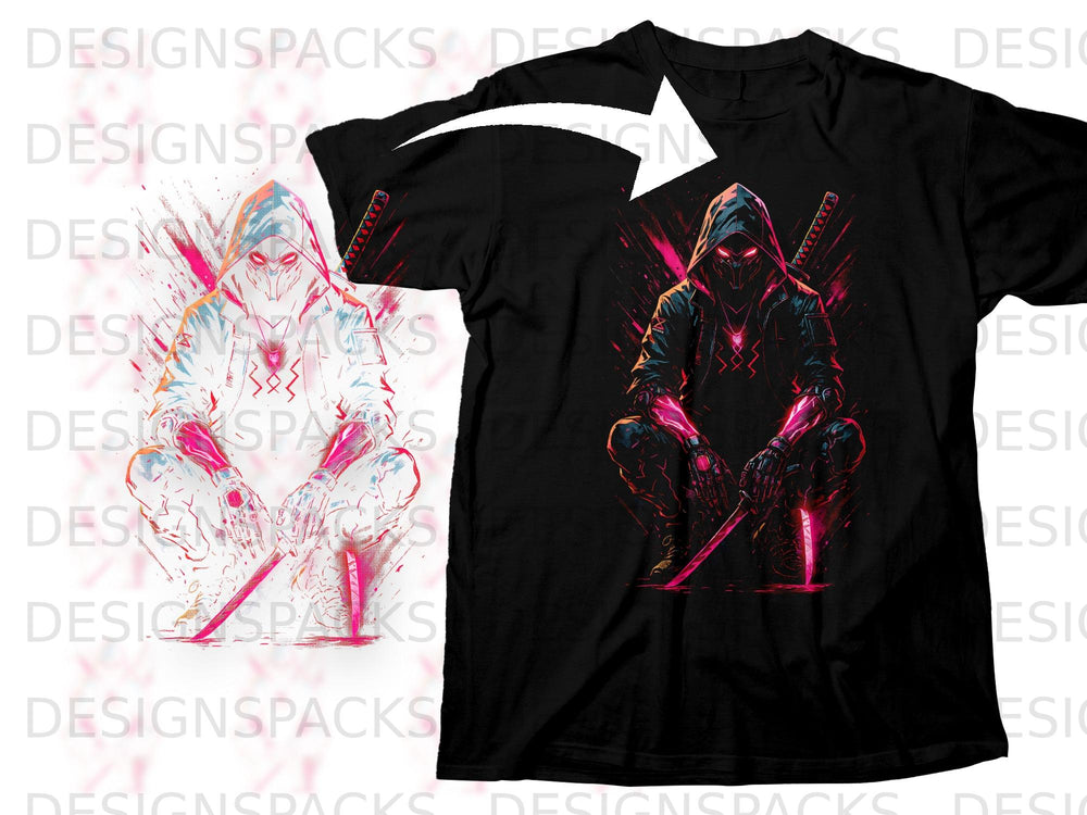 Black t-shirt with a hooded ninja holding a sword, rendered in neon pink and blue.