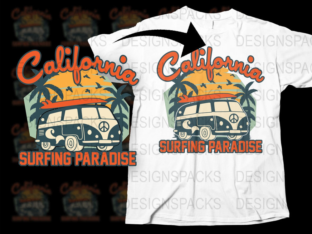 California Surfing Paradise T-Shirt Vintage Van Palm Trees Summer Beachwear Unisex Fashion